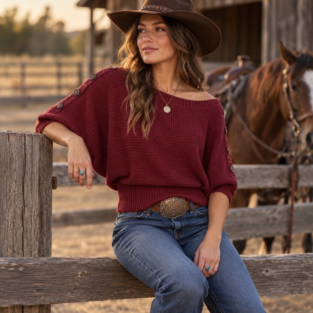 New Directions Petite Burgundy Waffle Knit Boat Neck Dolman Sleeve Sweater PL